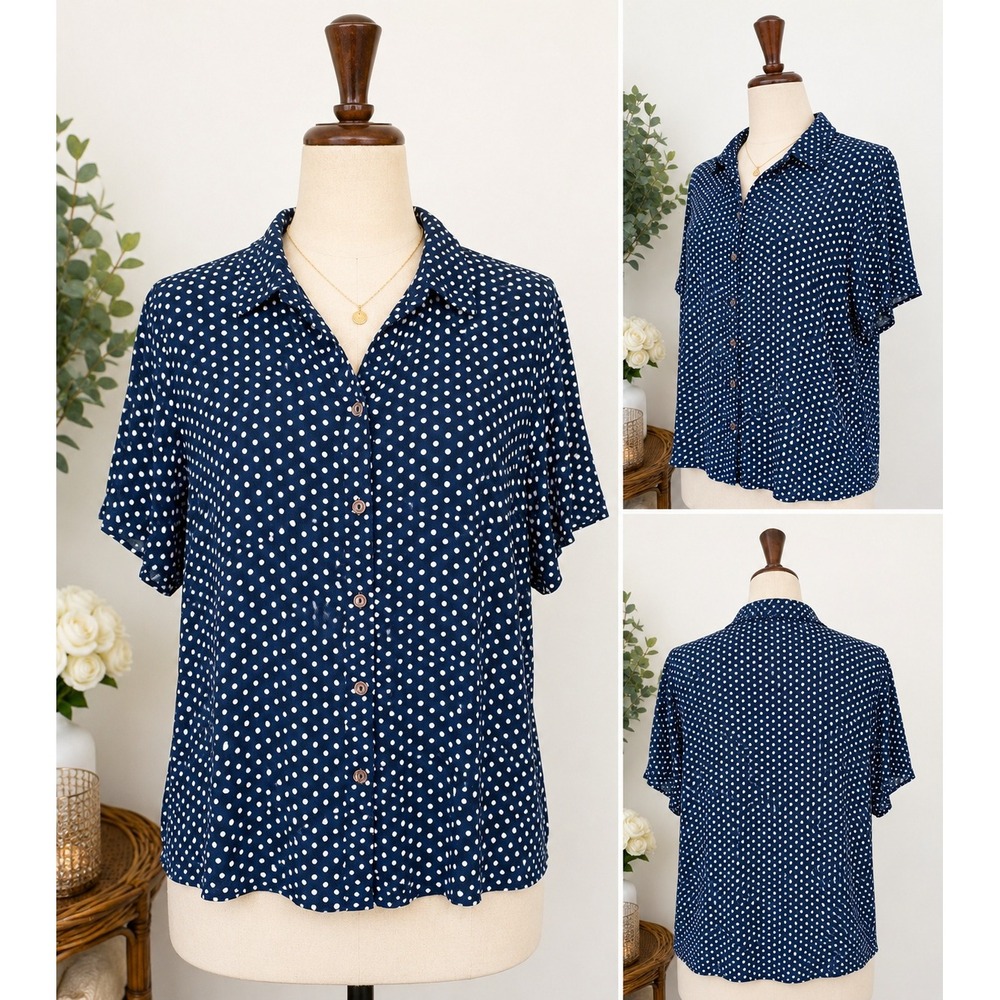 Rewind Polka Dot Shirt Women XL Navy Blue Excellent Short Sleeve Rayon Button Up
